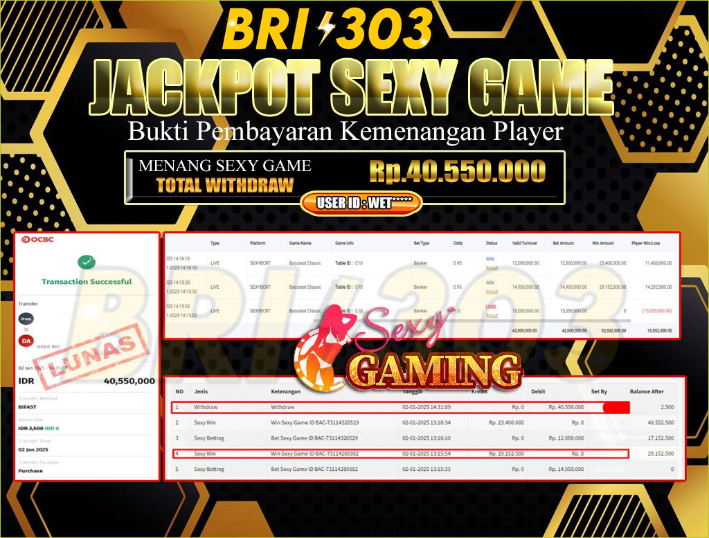 BRI303 JACKPOT LIVE GAMES BACCARAT Rp.40.550.000,- LUNAS